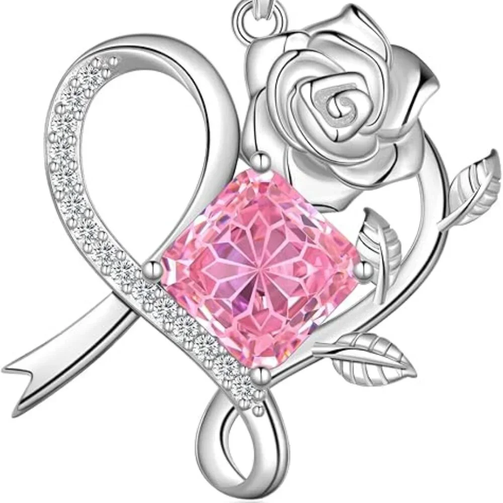 Sterling Silver Pink Heart Ribbon Necklace Breast Cancer Awareness Pendant NWT - Picture 6 of 6